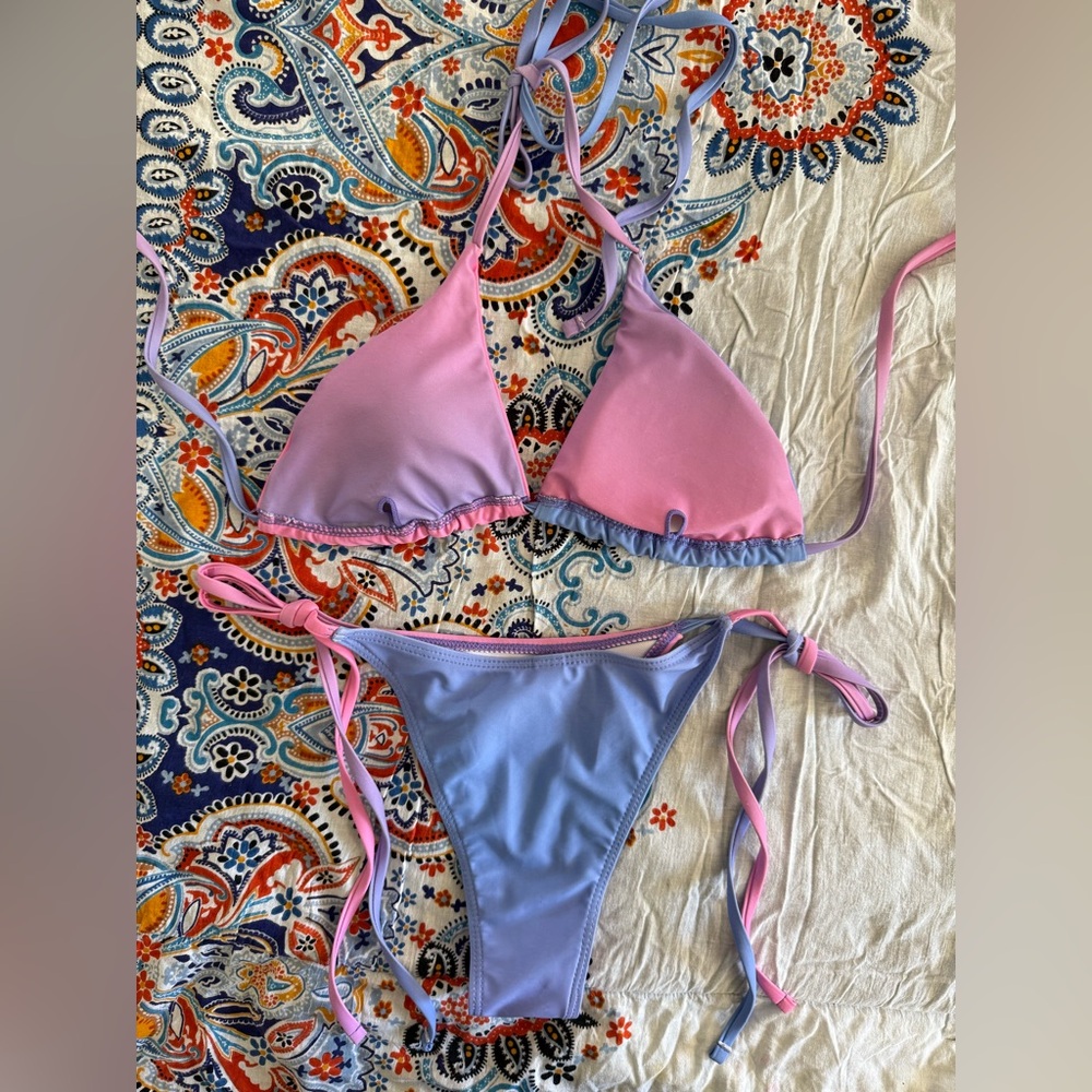 Pink and Purple Color Block Bikini Set Size S - Picture 2 of 3